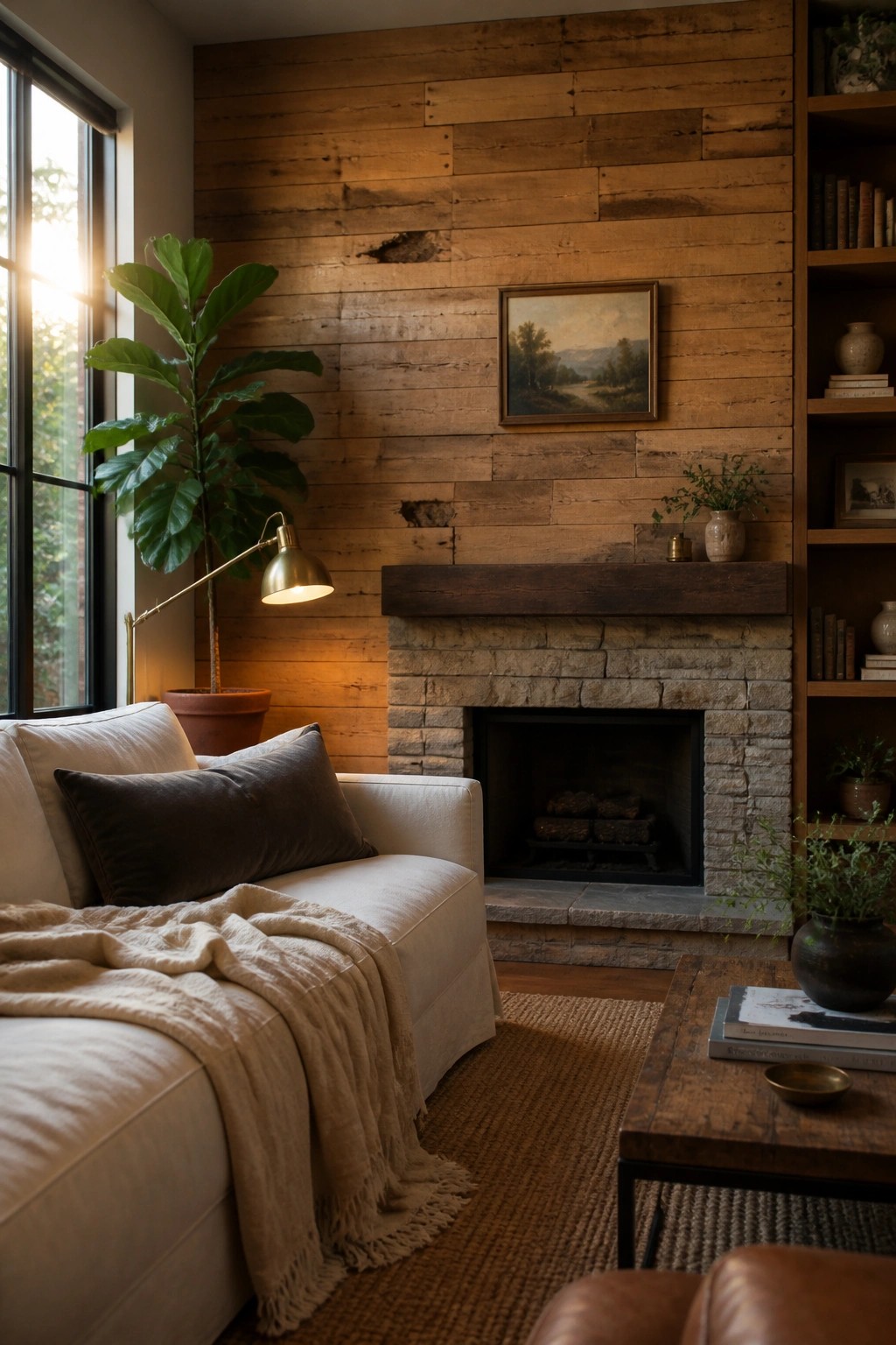 A living room with a white sofa, a stone fireplace, and a wall covered in horizontal reclaimed wood planks above the mantel.