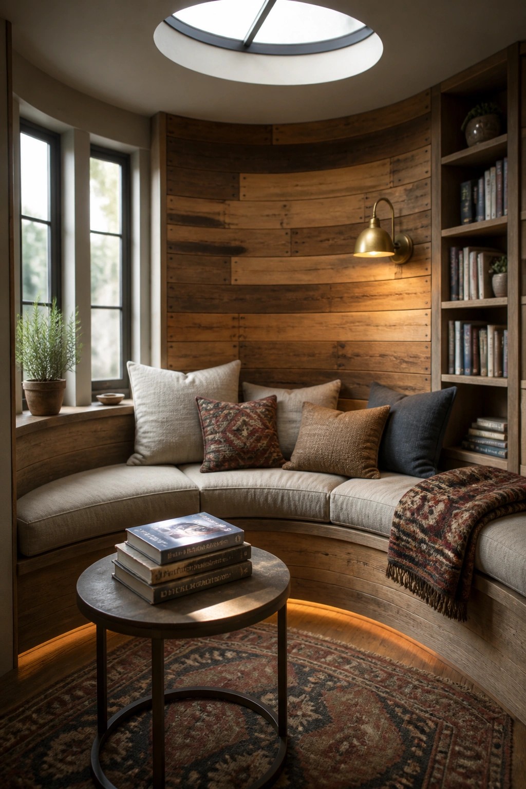 A curved reading nook features horizontal reclaimed wood planks on the accent wall, built-in upholstered seating with assorted pillows, a round side table holding stacked books, and a skylight overhead.