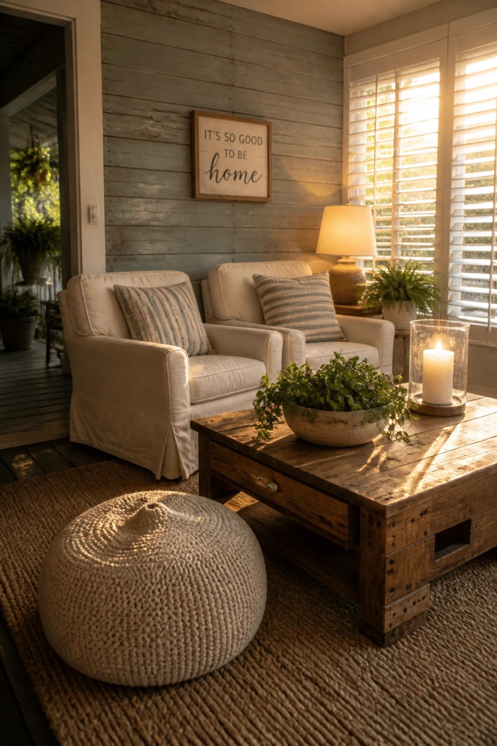 A living room with a horizontal wooden plank accent wall, two off-white armchairs, a rustic wood coffee table holding plants and a candle, and a round knitted pouf on a woven rug.