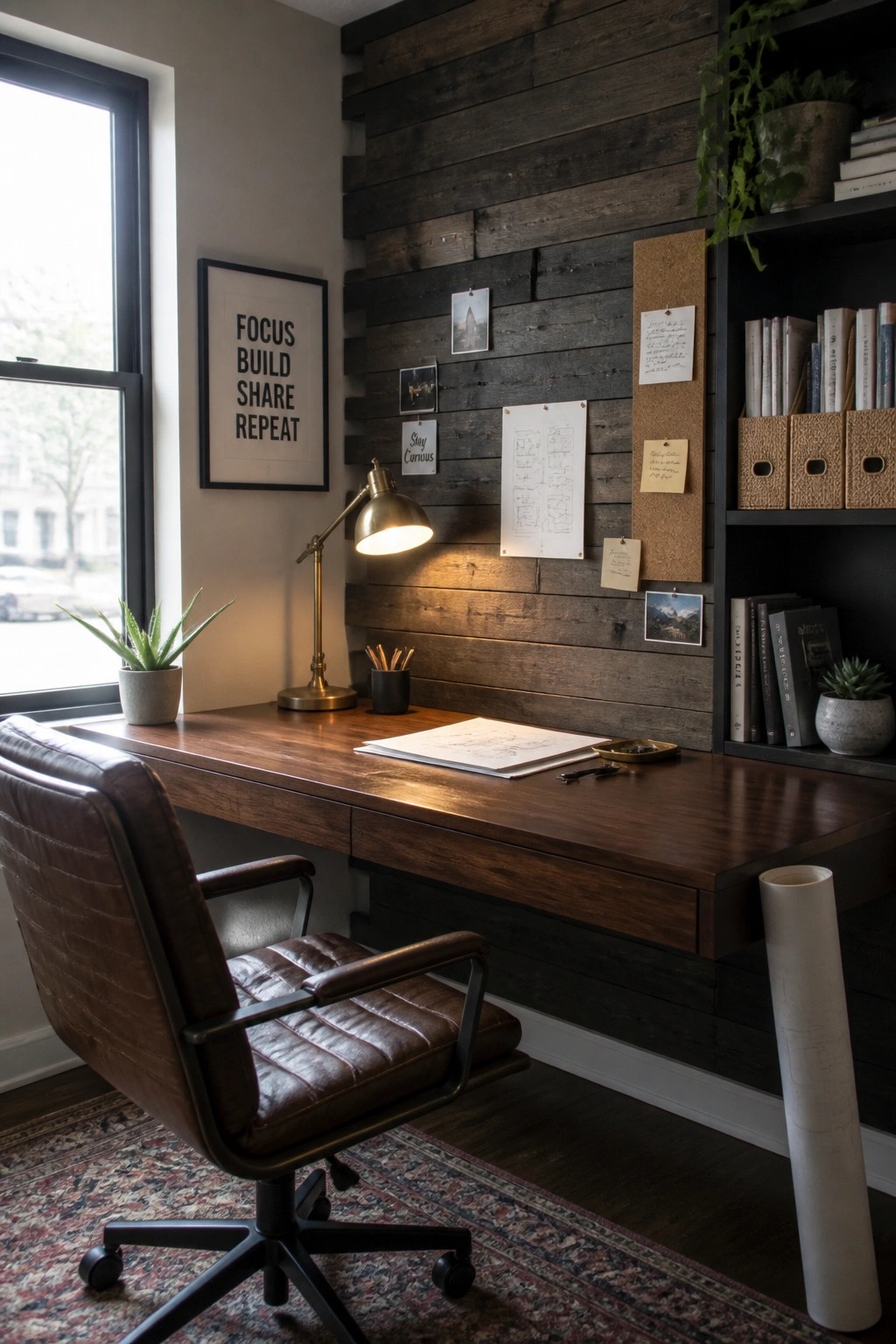 A home office featuring a dark reclaimed wood plank accent wall behind a wooden desk with a brown leather chair and a window to the left.