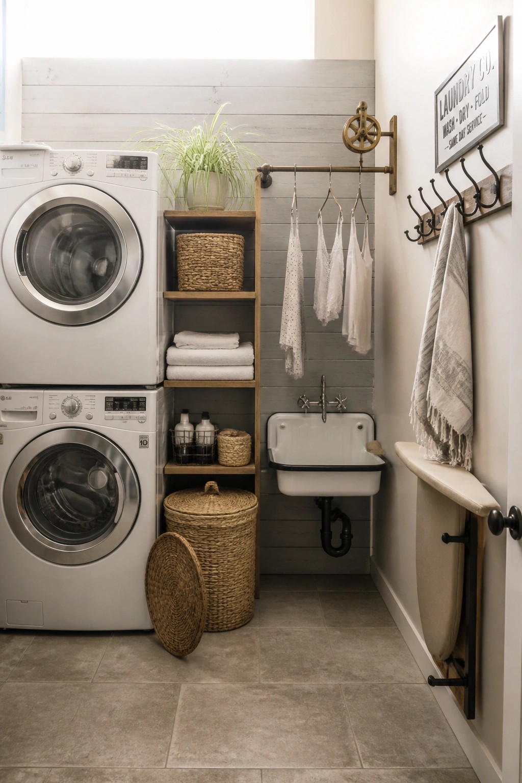 A laundry room featuring stacked white front-loading washer and dryer units beside a gray vertical wood plank accent wall, with wooden shelves holding baskets and towels, a wall-mounted sink, and a hanging rod with garments.