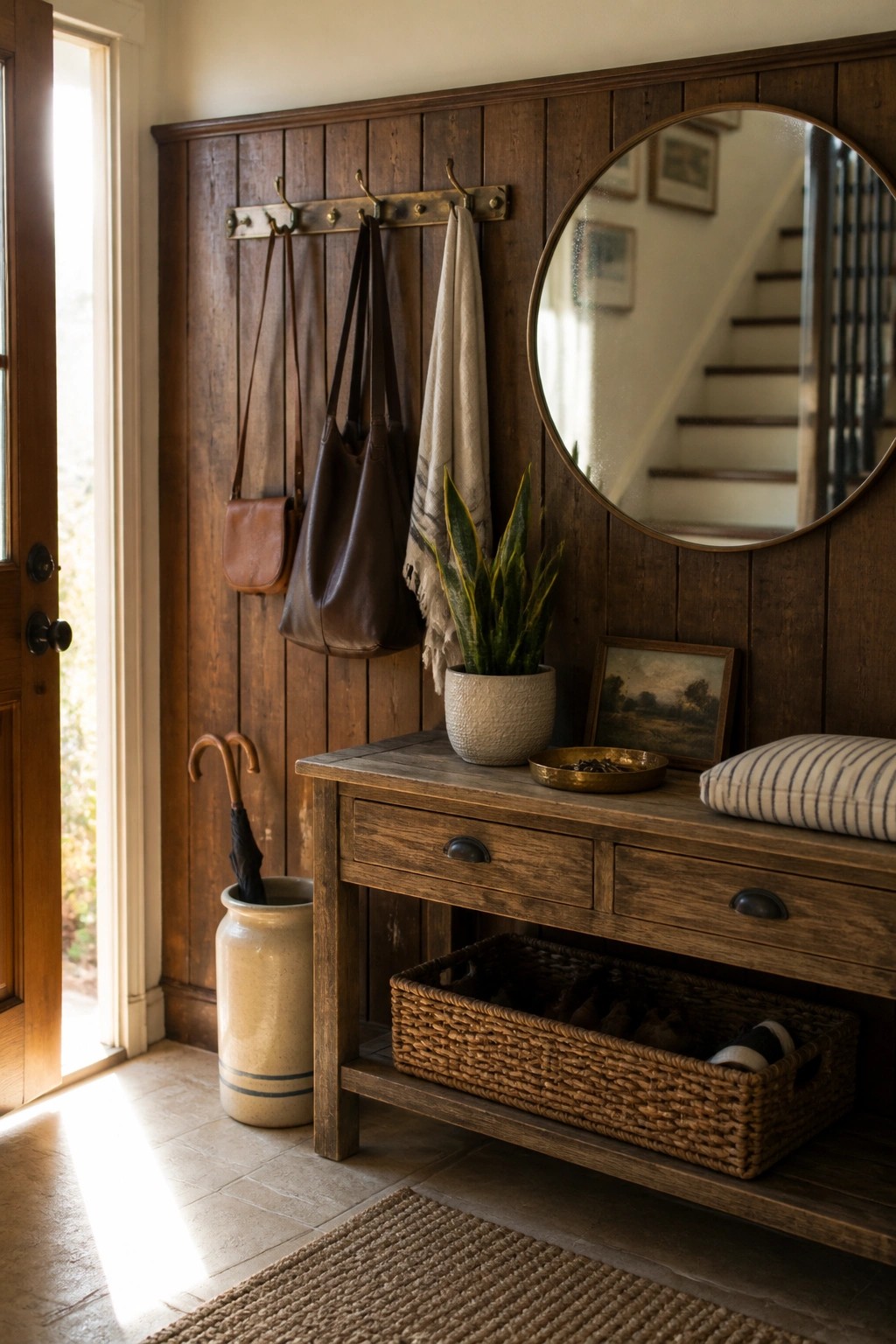 An interior entryway featuring a dark vertical wood plank accent wall with brass hooks holding leather bags and a towel, a wooden console table below with a potted plant and mirror above.
