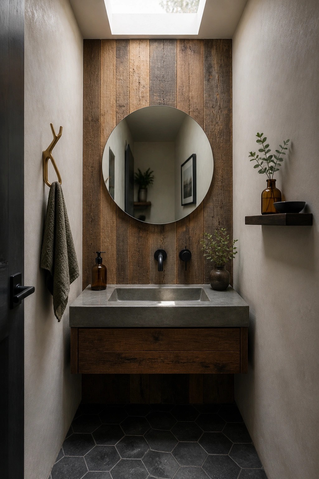 A bathroom vanity with a concrete sink, round mirror, and vertical wood plank accent wall above dark hexagonal floor tiles.