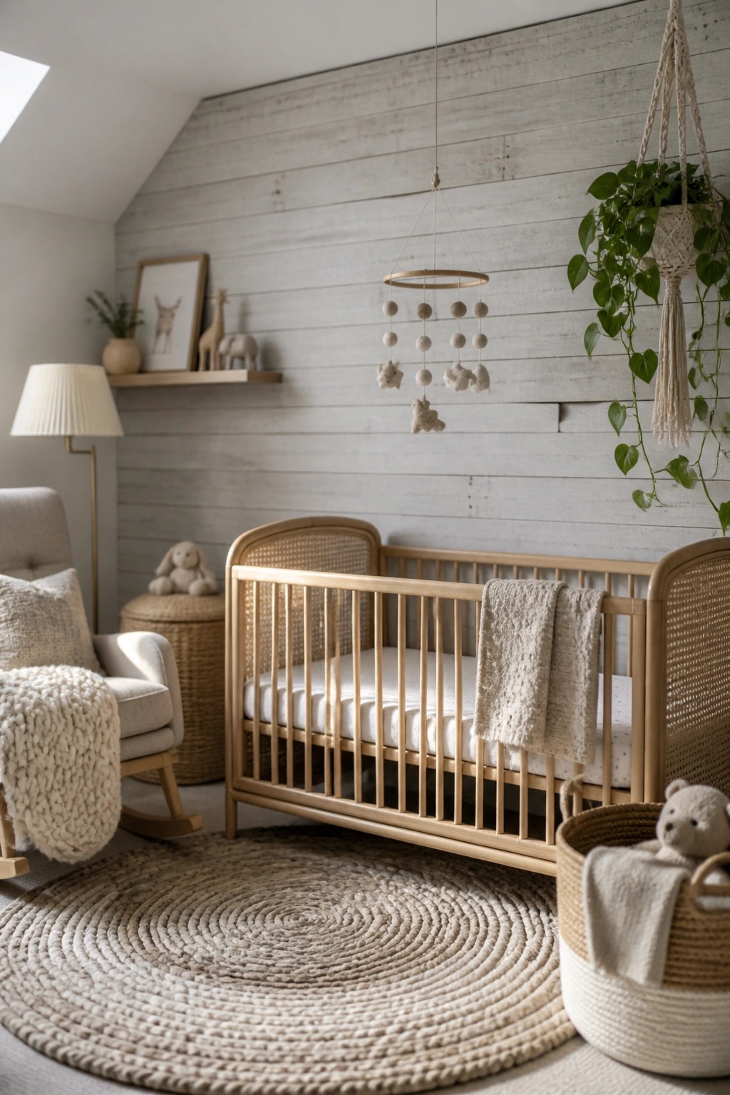 A nursery with a wooden crib positioned in front of a whitewashed horizontal plank accent wall, accompanied by a round woven rug and neutral furnishings.