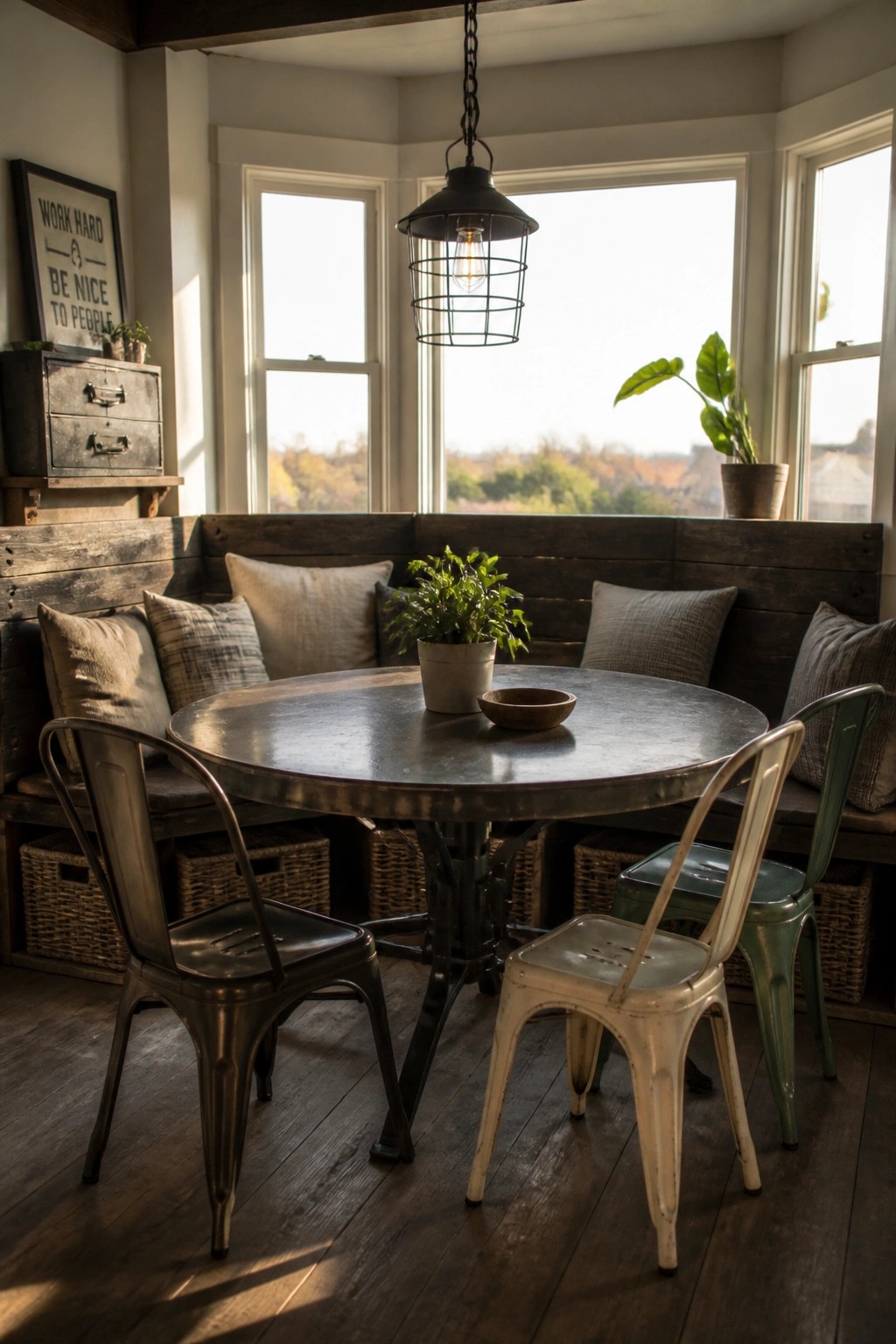 A round metal dining table with mixed metal chairs sits against a dark stained pallet wood wall used as a bench back in an interior room with windows.