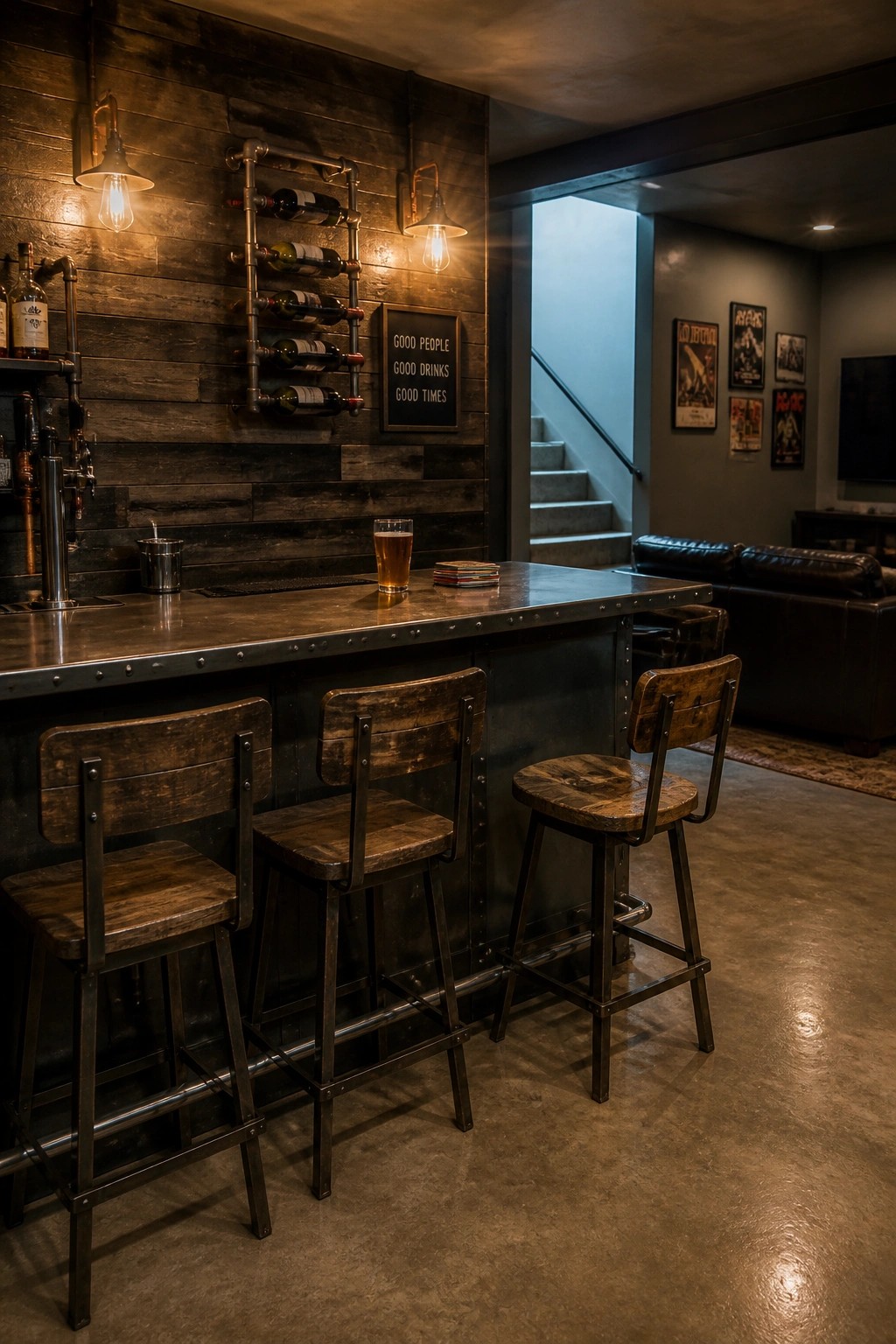 An indoor home bar area with a dark stained wooden pallet wall, metal pipe bottle storage, industrial bar stools, and a metal countertop.