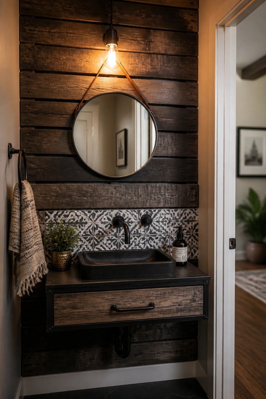 A small bathroom with a dark stained horizontal pallet wood accent wall, round mirror on leather strap, black rectangular sink, and visible black pipes under a floating wood vanity.