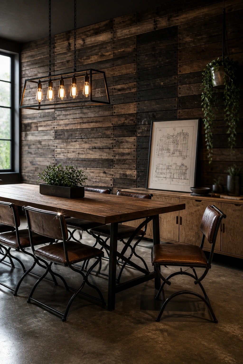 A dining room with a long wooden table, metal-framed chairs with brown leather seats, a dark stained pallet wood wall, and an industrial rectangular chandelier overhead.