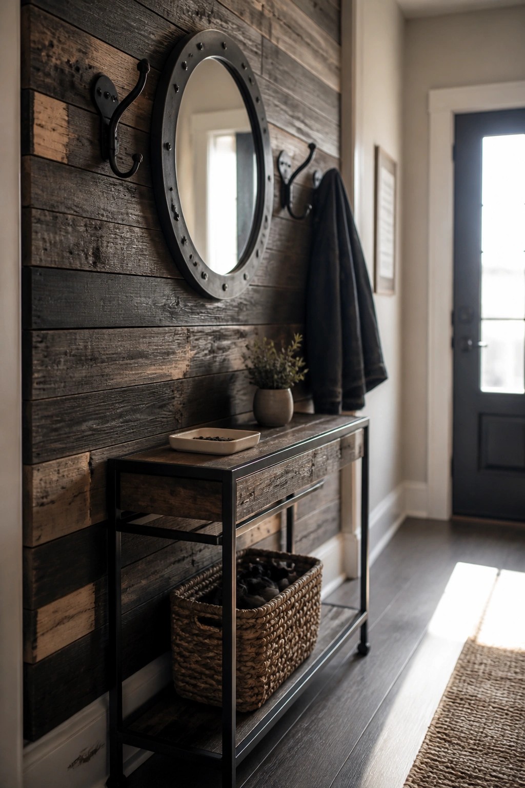 A narrow interior hallway features a dark stained pallet wood accent wall with black metal hooks, a round mirror, a wooden console table with metal frame, and a woven basket on the lower shelf.