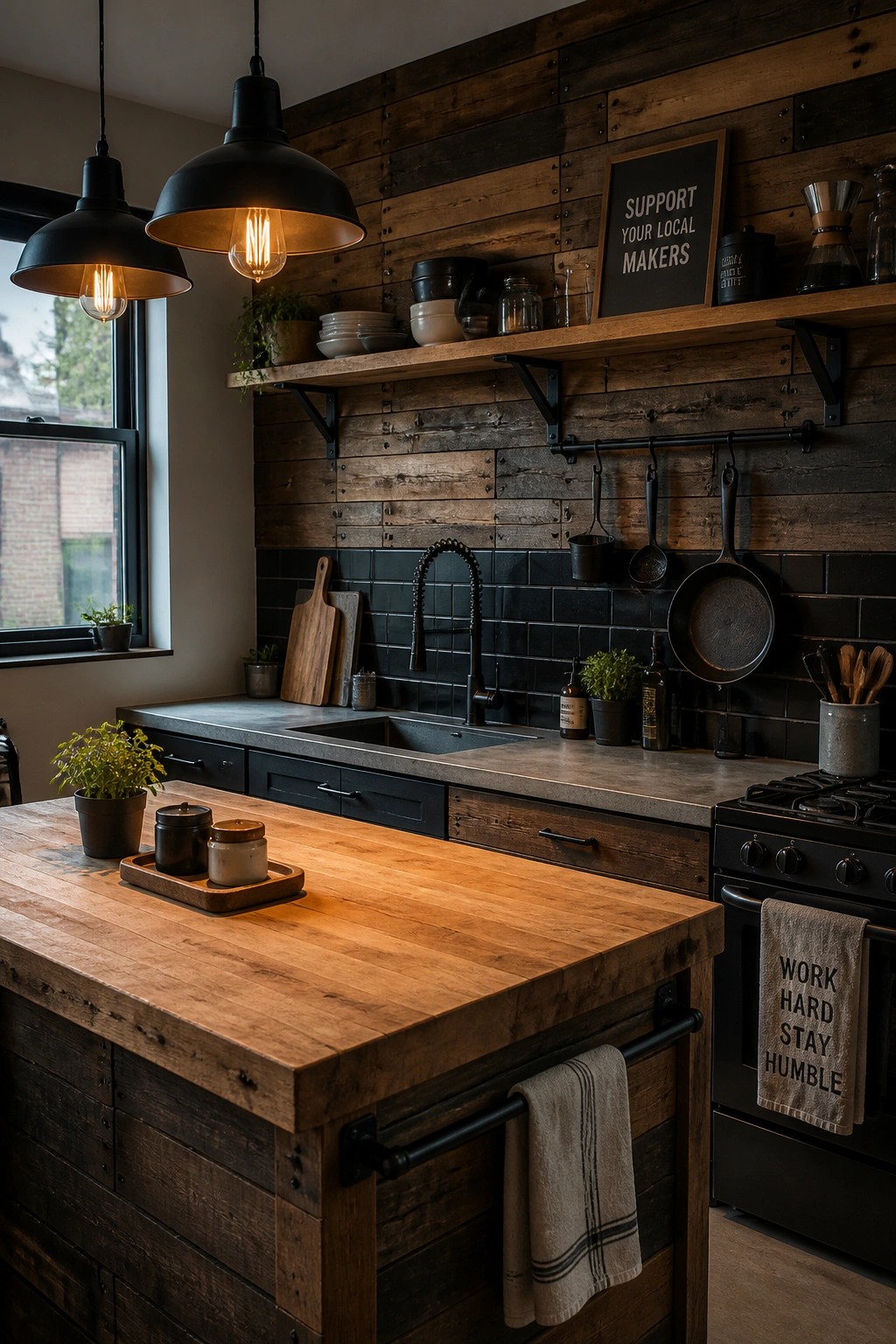 A kitchen with a dark stained wooden pallet wall behind a sink, black metal fixtures, and a wooden island in the foreground.