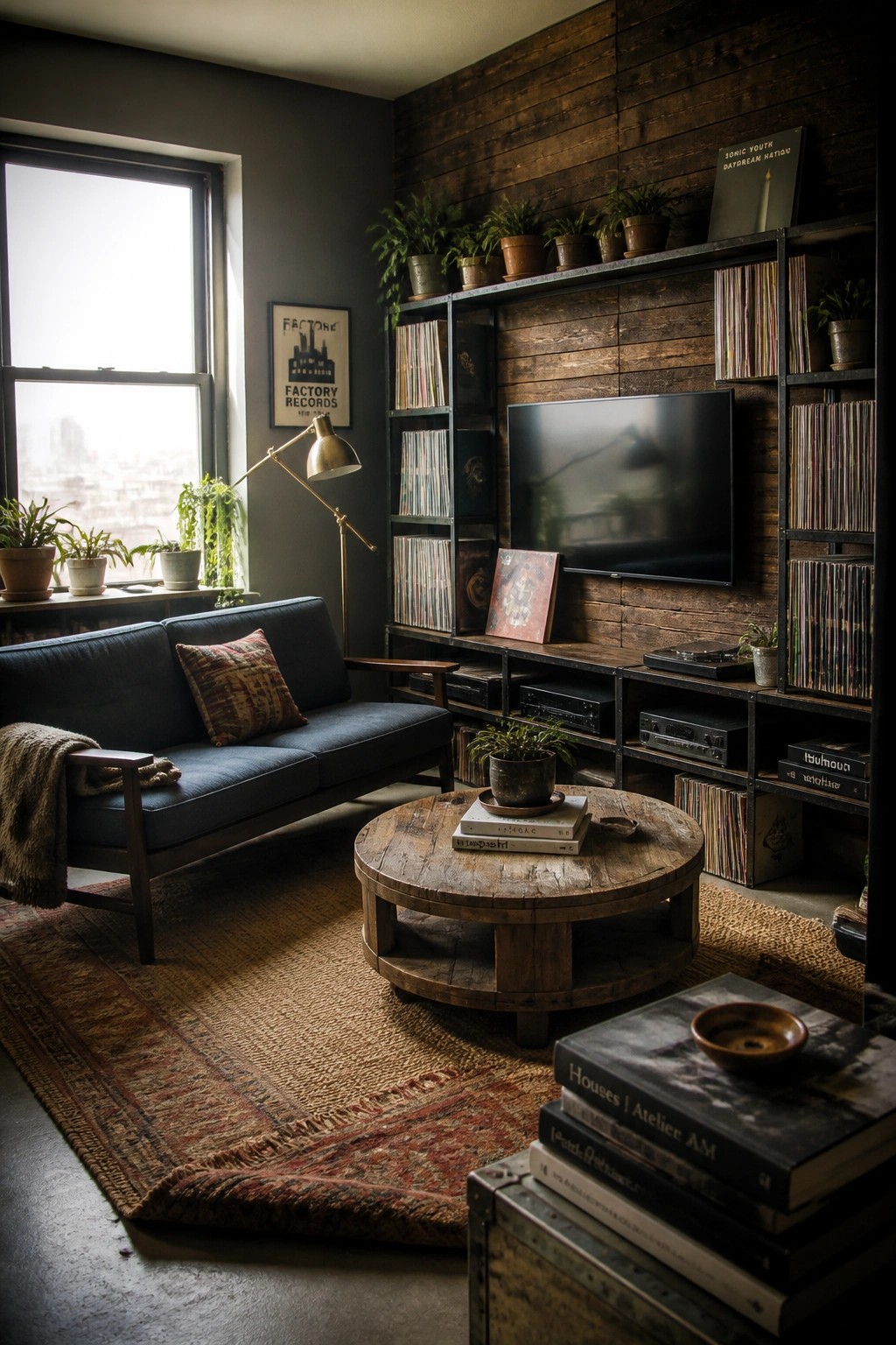 A living room interior showing a dark stained wooden pallet wall with integrated metal shelves holding vinyl records, a mounted television, and potted plants, next to a blue sofa and round wooden coffee table on a woven rug.