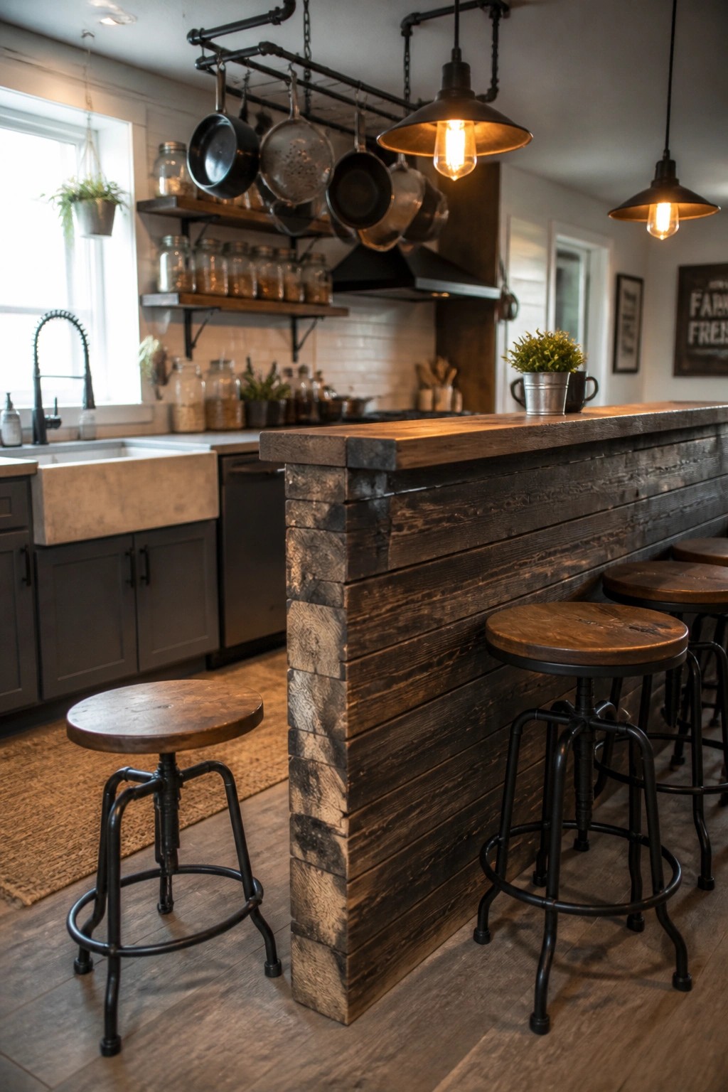 Rustic kitchen bar with dark wood counter, stools, and hanging pots.