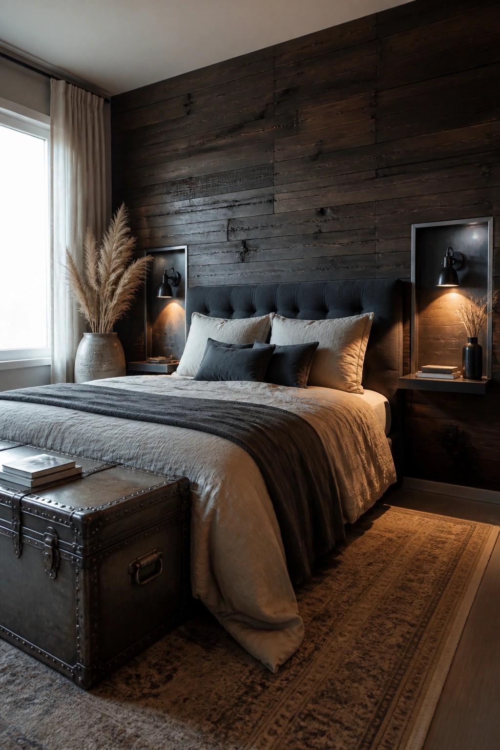 A bedroom with a dark stained wood plank wall behind a bed dressed in neutral linens, flanked by black metal sconces.