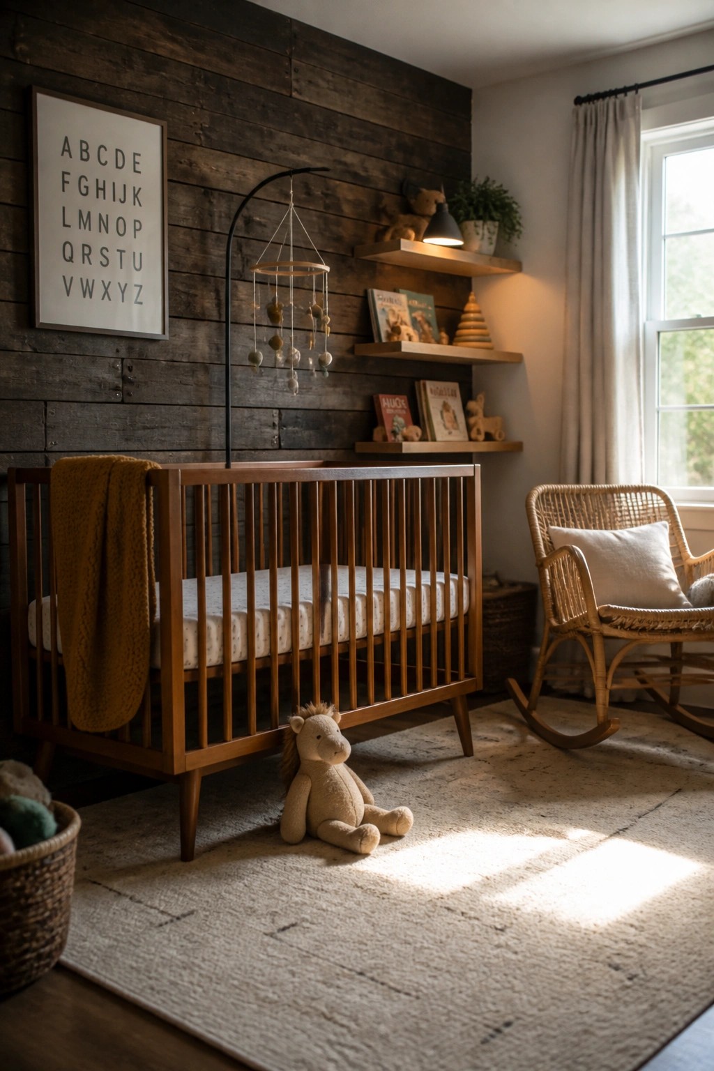 A nursery with a dark wood plank accent wall, wooden crib, floating shelves, wicker rocking chair, and a stuffed horse on a light rug.