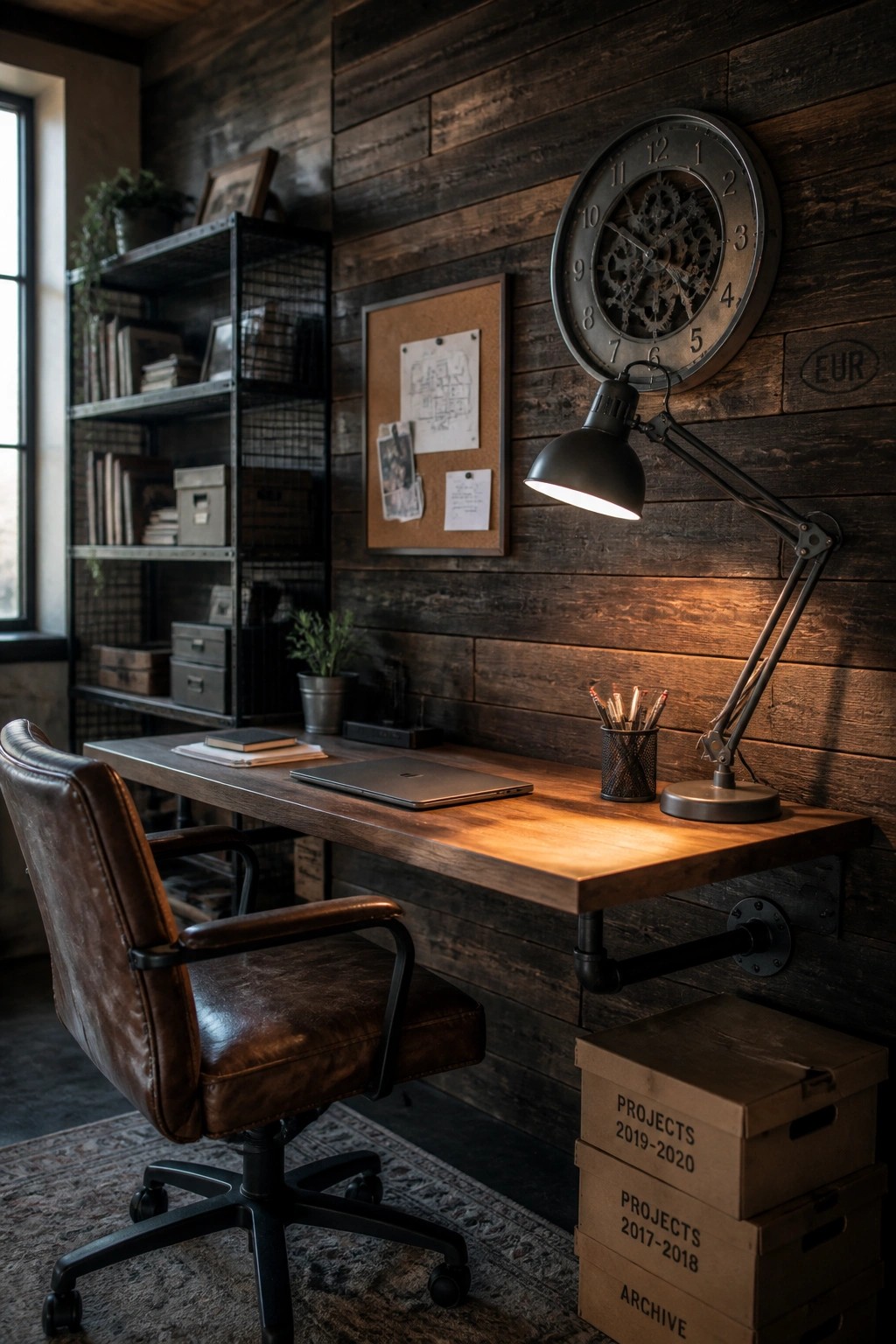 A home office featuring a dark wood plank accent wall, a wooden desk mounted with black metal pipes, a brown leather office chair, and an adjustable black desk lamp.