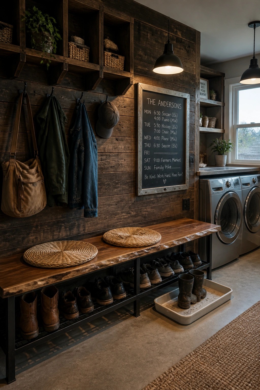 A mudroom interior with a dark wood plank wall, metal-framed bench, chalkboard, hooks with bags and jackets, woven baskets, and washing machines visible to the right.