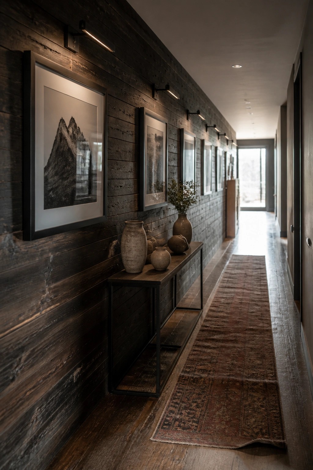 Dark wood hallway with framed mountain photos, console table of pottery, and runner rug.