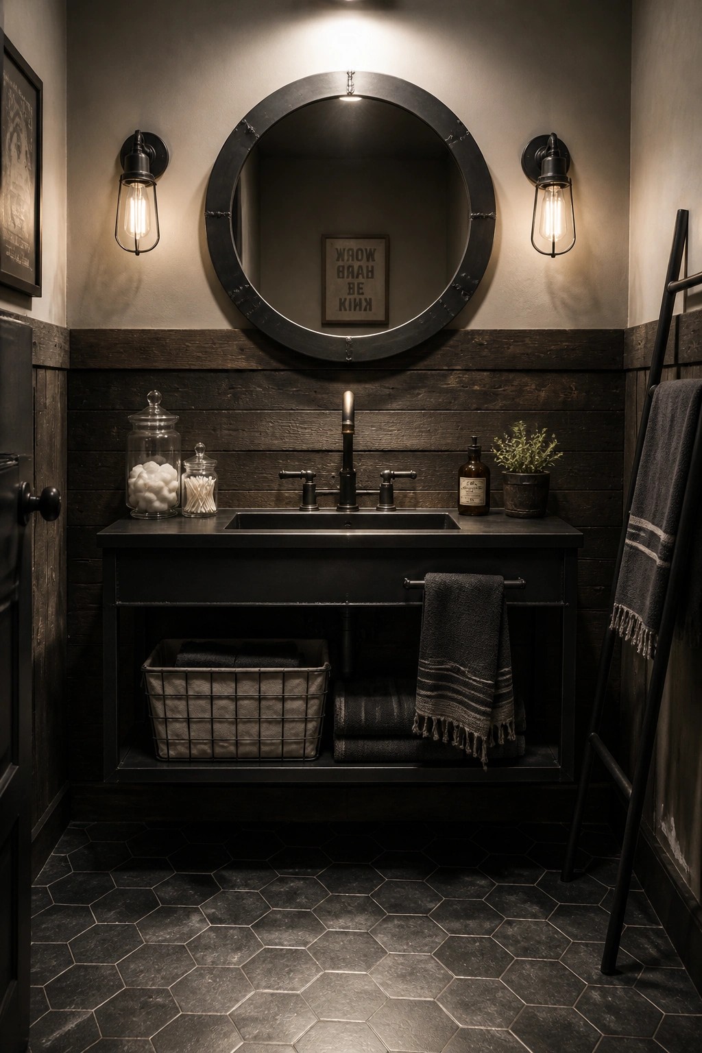 A bathroom with a dark wood plank accent wall, round black metal mirror, black vanity, and industrial wall sconces.