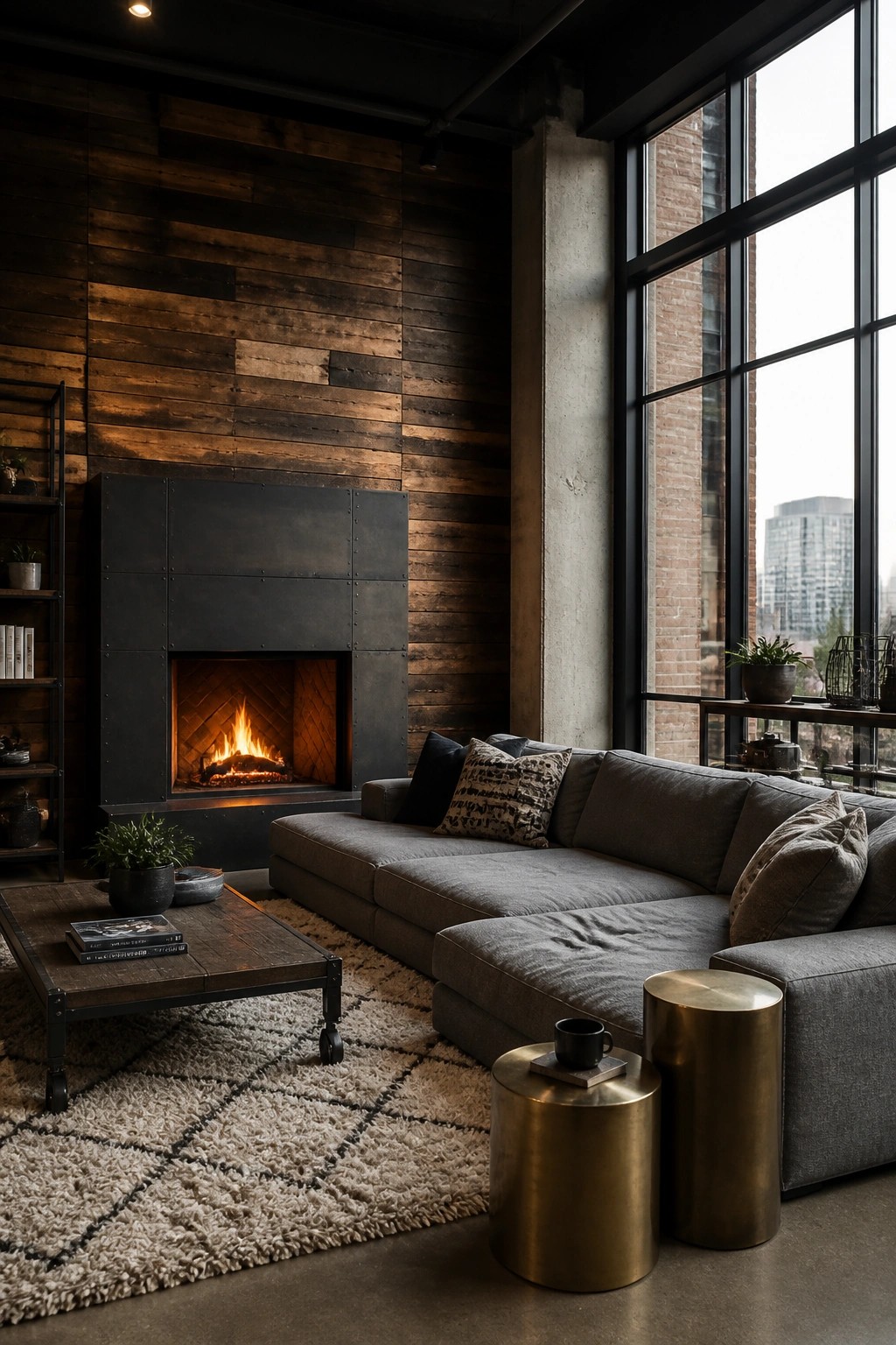 Living room interior with dark stained horizontal wood wall, metal fireplace, gray sectional sofa, and large windows.