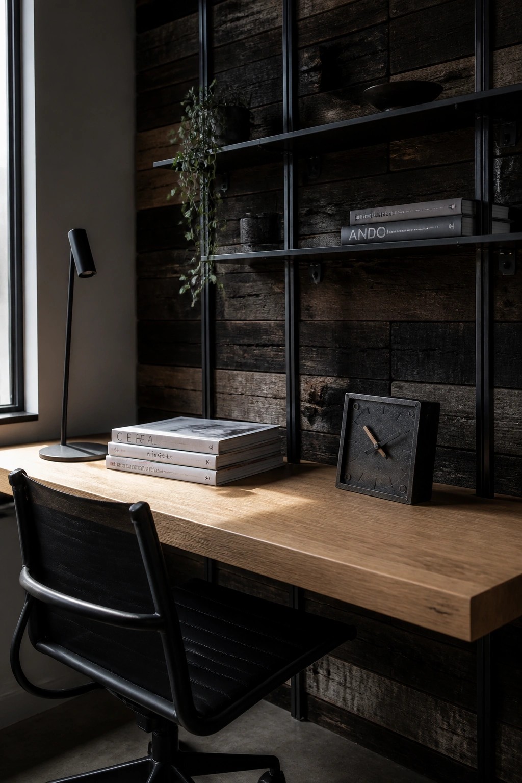 A home office desk with a black chair sits in front of a dark wood plank wall fitted with black metal shelves holding books, a clock, and a hanging plant.