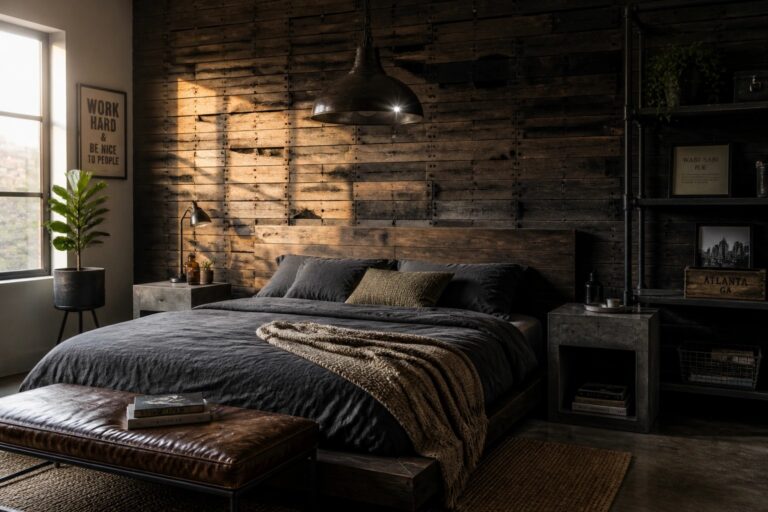 23 Industrial Pallet Wall Ideas Featuring Dark Stain, Metal Accents, and Raw Texture A bedroom featuring a dark wooden pallet wall behind a bed with dark linens, a large industrial pendant light, and metal pipe shelving on the right.