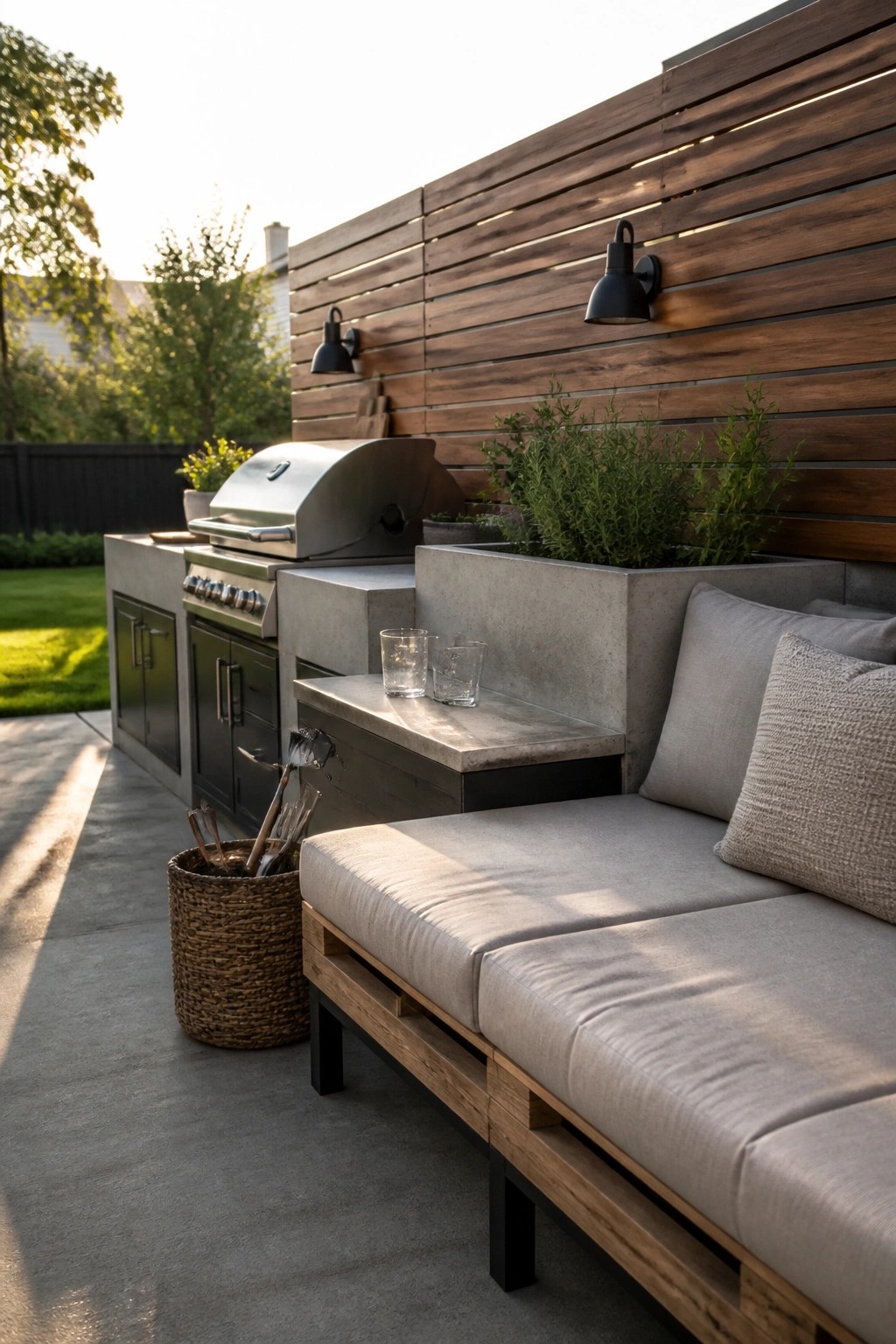 A wooden pallet daybed with light gray cushions sits on a concrete patio beside a built-in concrete outdoor kitchen with a grill and integrated planters.