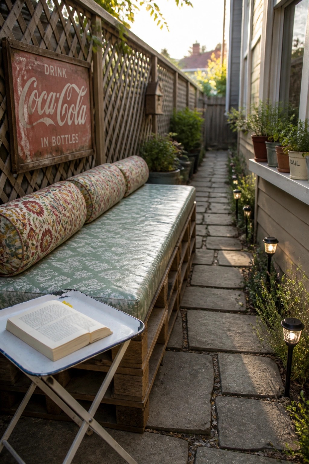 A long wooden pallet bench with a green cushion and patterned bolster sits next to a stone path, with potted plants, garden lights, and a vintage sign on the fence.
