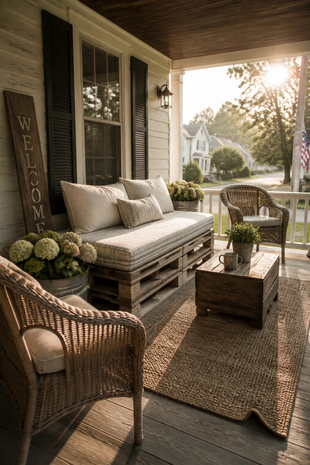 Wooden pallet daybed with cushions on a front porch, next to wicker chairs and potted plants.