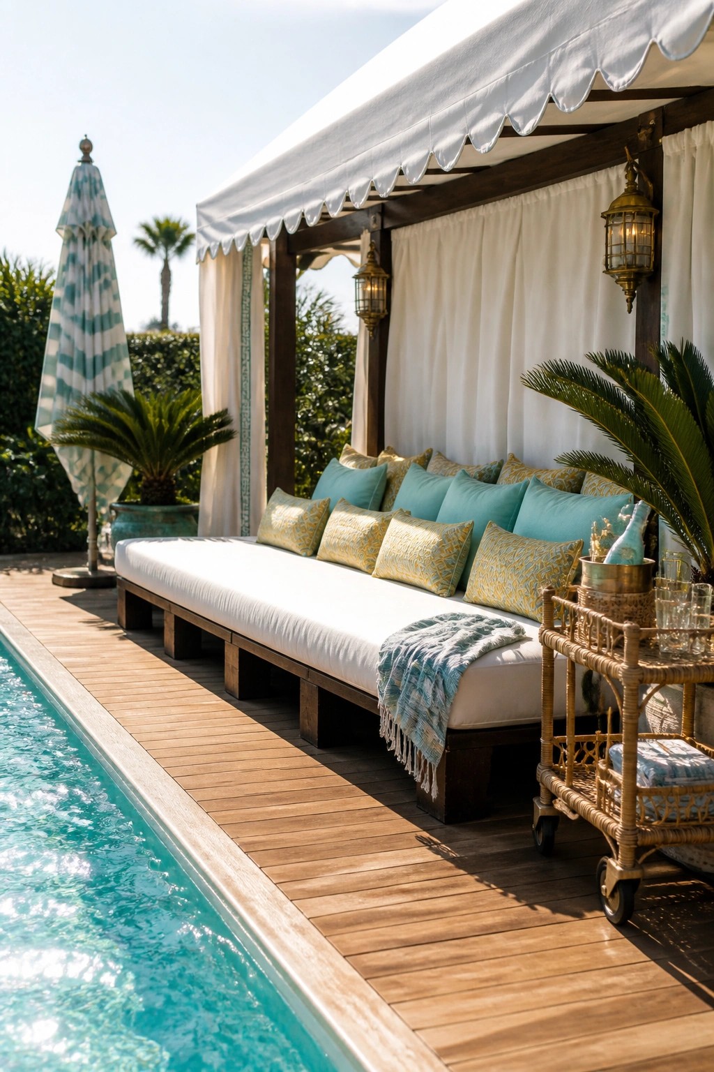 An outdoor wooden daybed with white cushions and turquoise pillows sits under a white canopy with curtains beside a swimming pool on a deck.