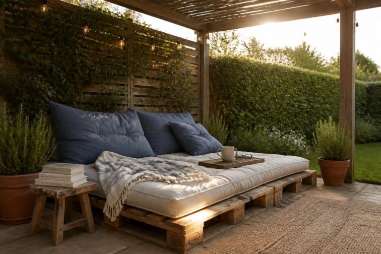 23 Relaxing Pallet Outdoor Daybed Ideas for Reading, Napping, and Shaded Lounging A pallet daybed with white cushions, blue pillows, and a throw blanket sits under a wooden pergola on a patio, with books and potted plants nearby.