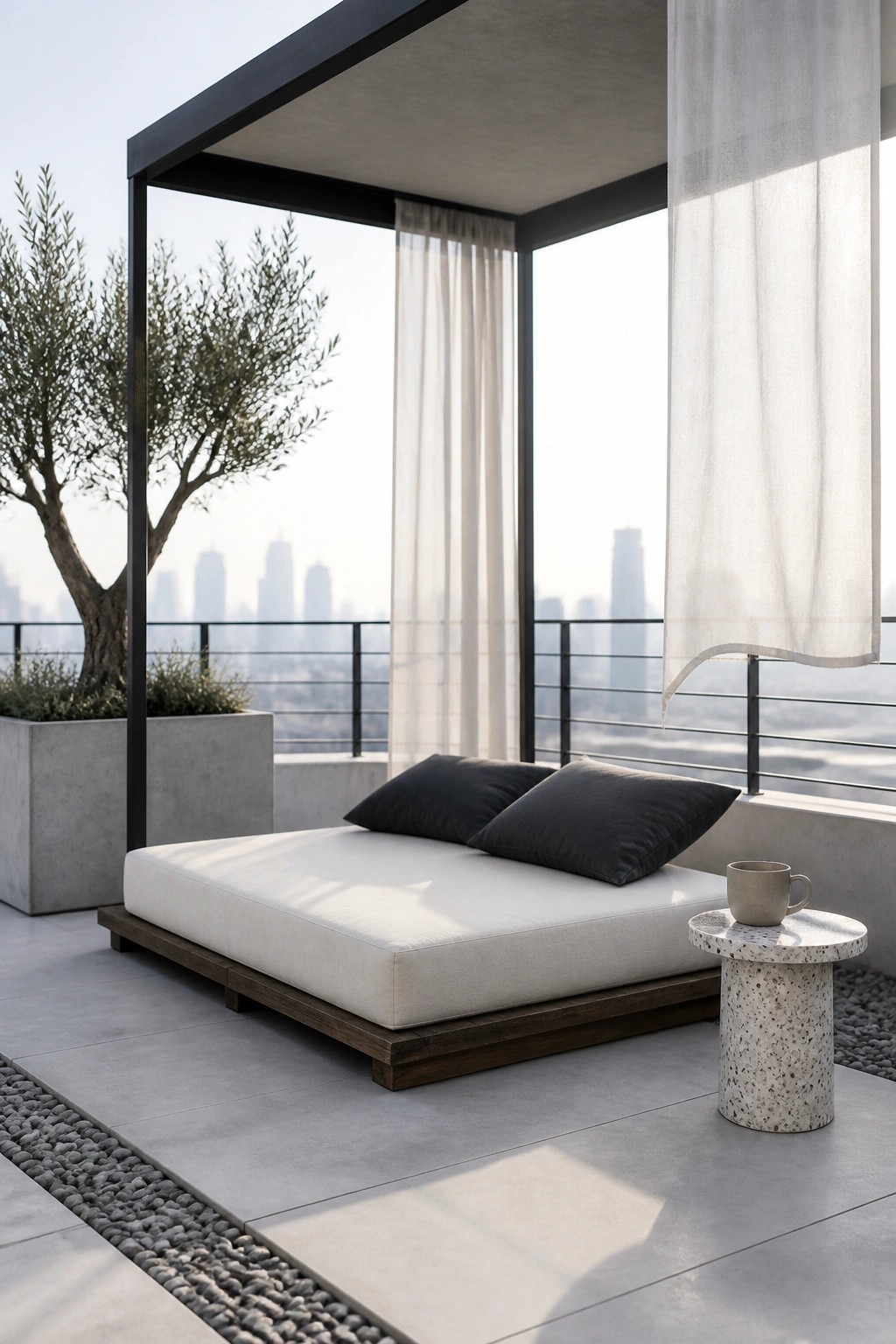 A low white daybed with dark pillows sits on a concrete balcony beneath a black frame with sheer white curtains, next to a small terrazzo table and a city skyline view.