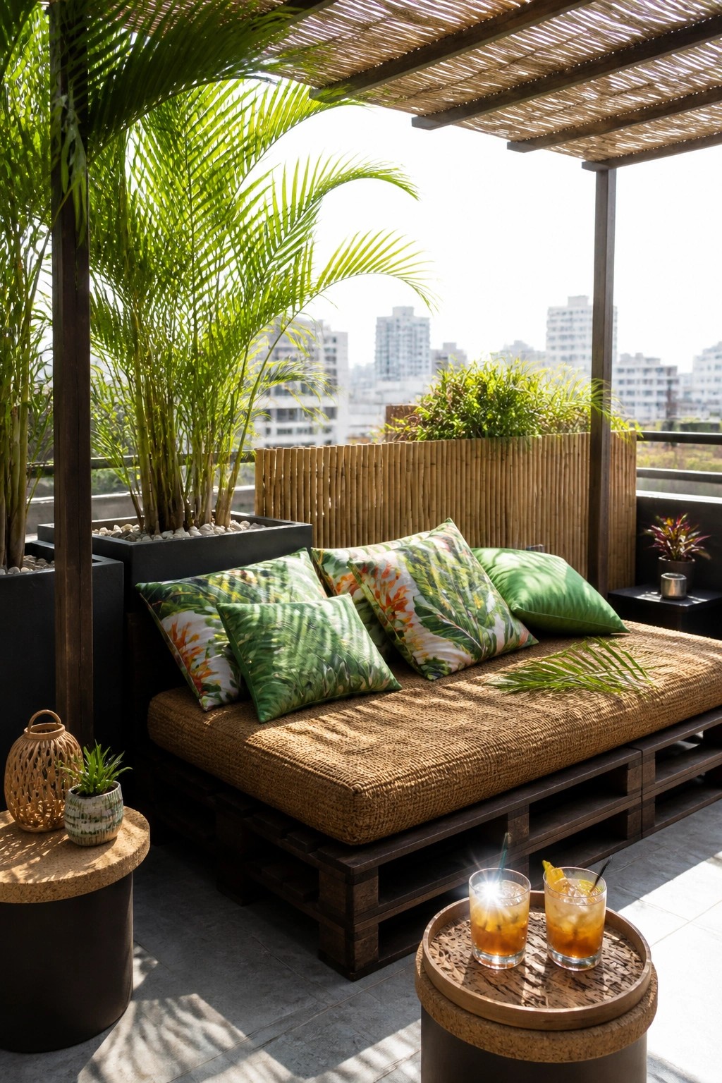 A wooden pallet daybed with brown cushion and green leaf-patterned pillows sits on a balcony under a bamboo shade, next to potted palms and two glasses on a small table.