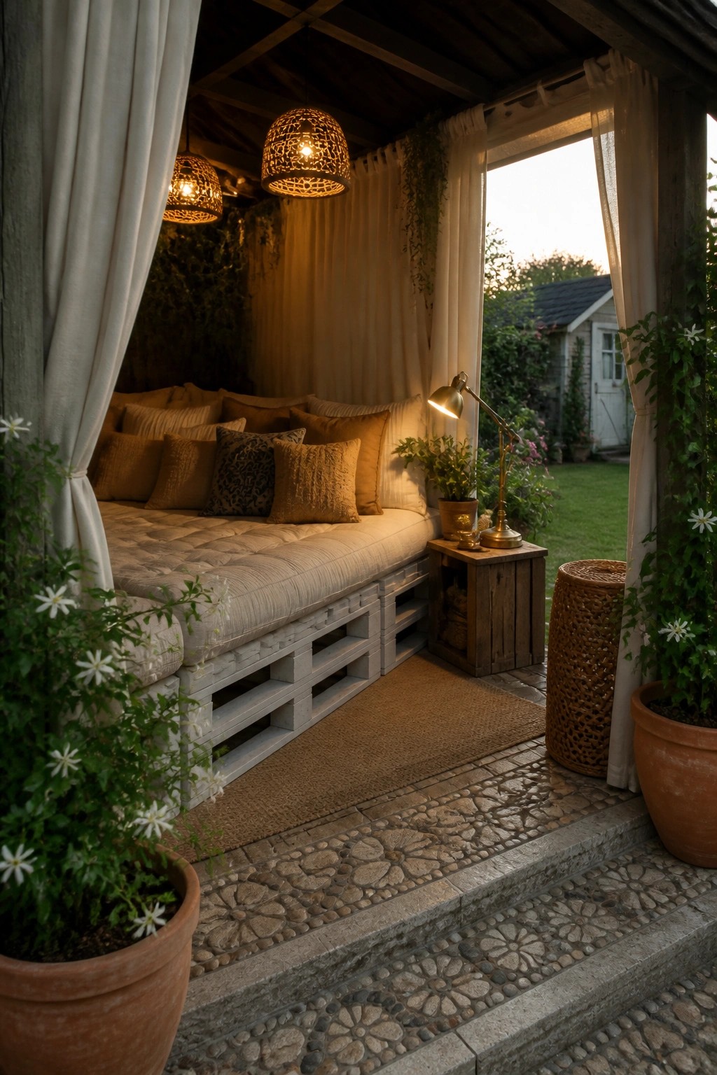 An outdoor daybed built on stacked wooden pallets with cushions and pillows, enclosed by curtains and surrounded by potted plants.