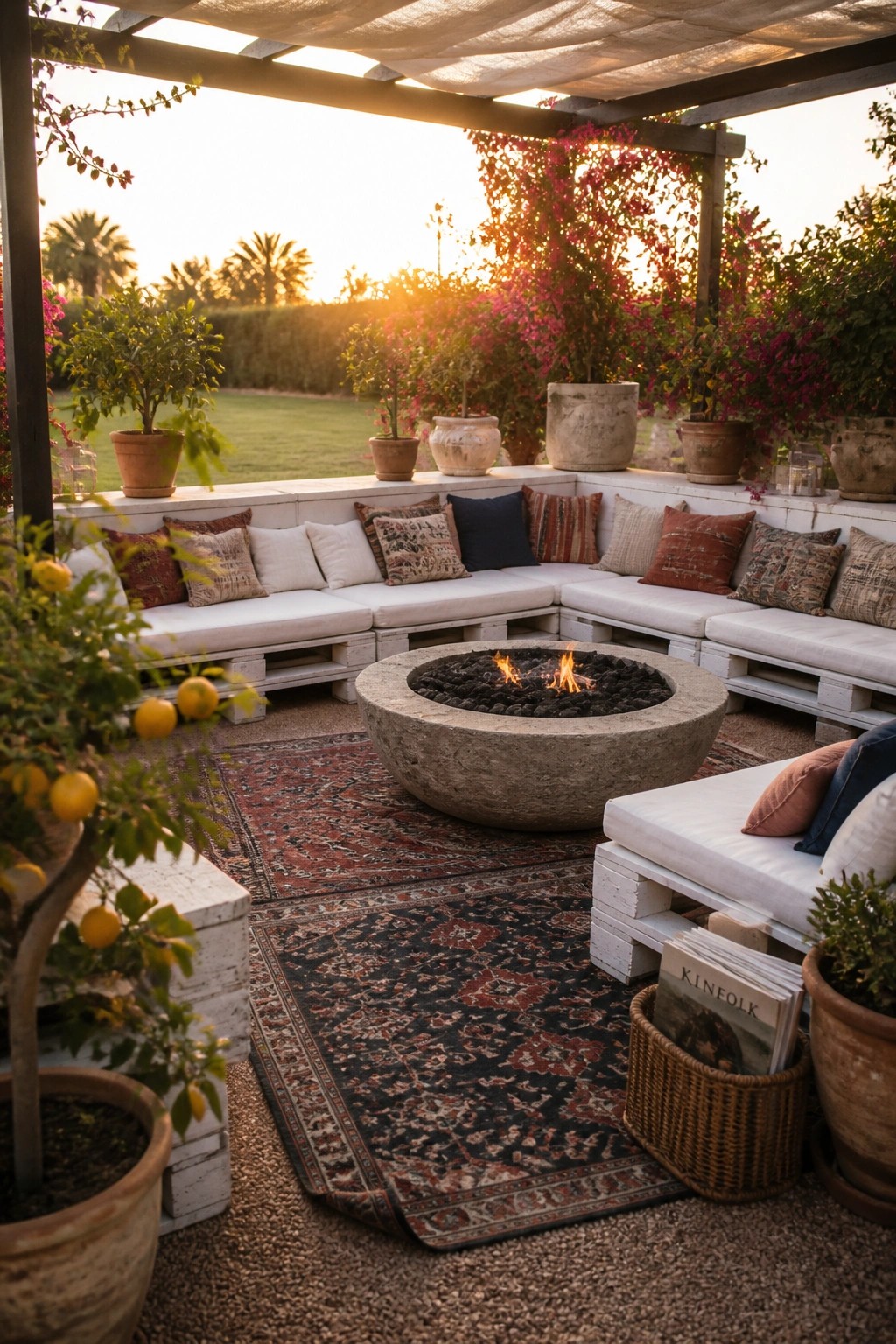 A circular stone fire pit with flames sits in the center of white pallet sofas with cushions, arranged on patterned rugs under a shaded pergola.