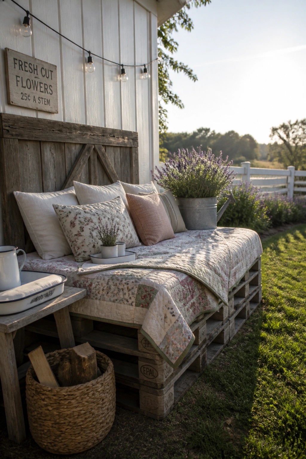 A daybed built from stacked wooden pallets sits on grass beside a white wall, topped with a quilt, pillows, and a potted plant.