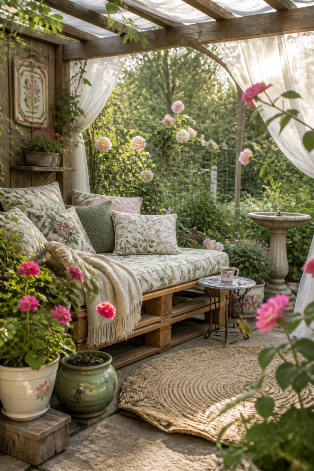 A wooden pallet daybed with floral cushions and a throw blanket sits on a stone patio under a pergola with white curtains, surrounded by potted plants and flowers.