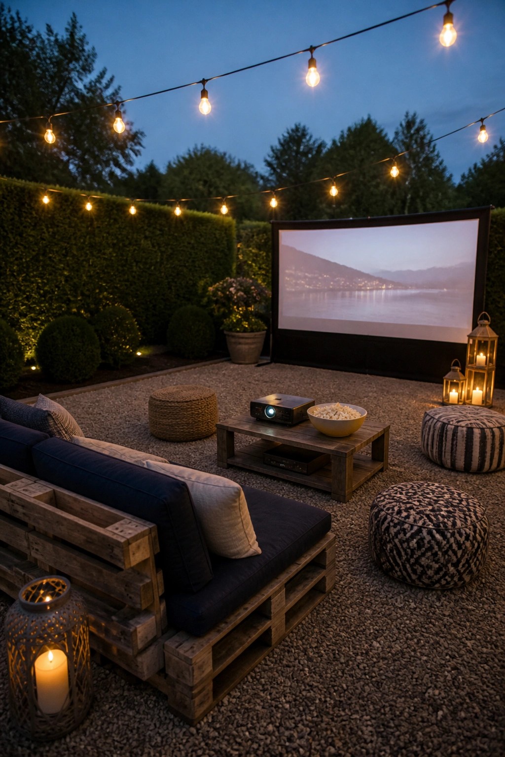 A backyard gravel patio with a wooden pallet daybed, projector screen, string lights overhead, and various seating options.
