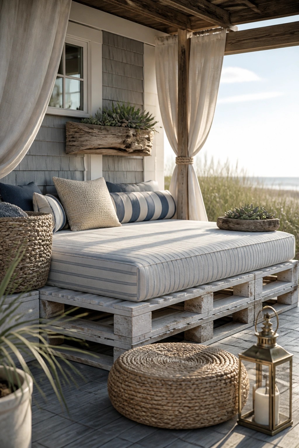 An outdoor daybed built on wooden pallets with a striped mattress and cushions, set on a wooden deck beside a house with curtains and ocean views in the background.