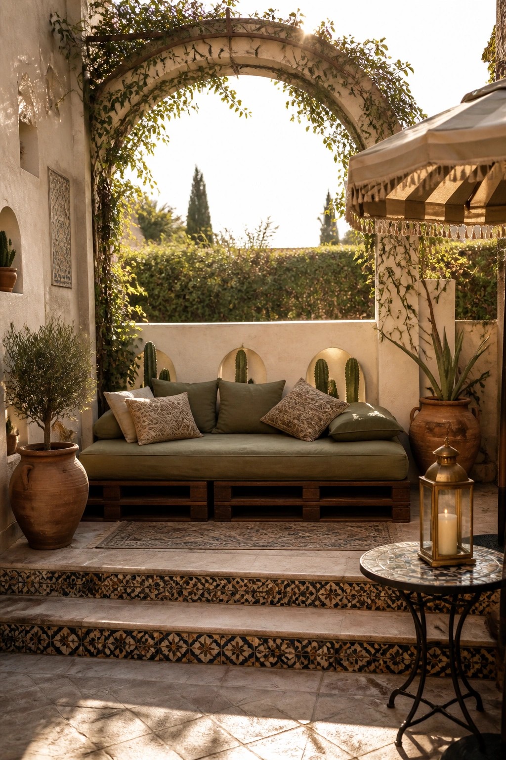 An outdoor daybed made from wooden pallets with green cushions and patterned pillows sits on a tiled patio under a vine-covered arch.