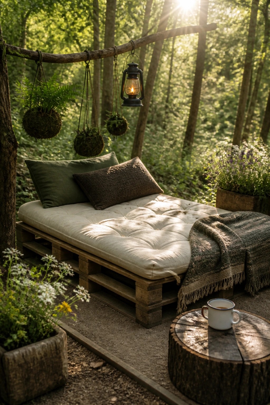 Cozy pallet daybed with pillows, lantern, and blanket in sunlit forest.