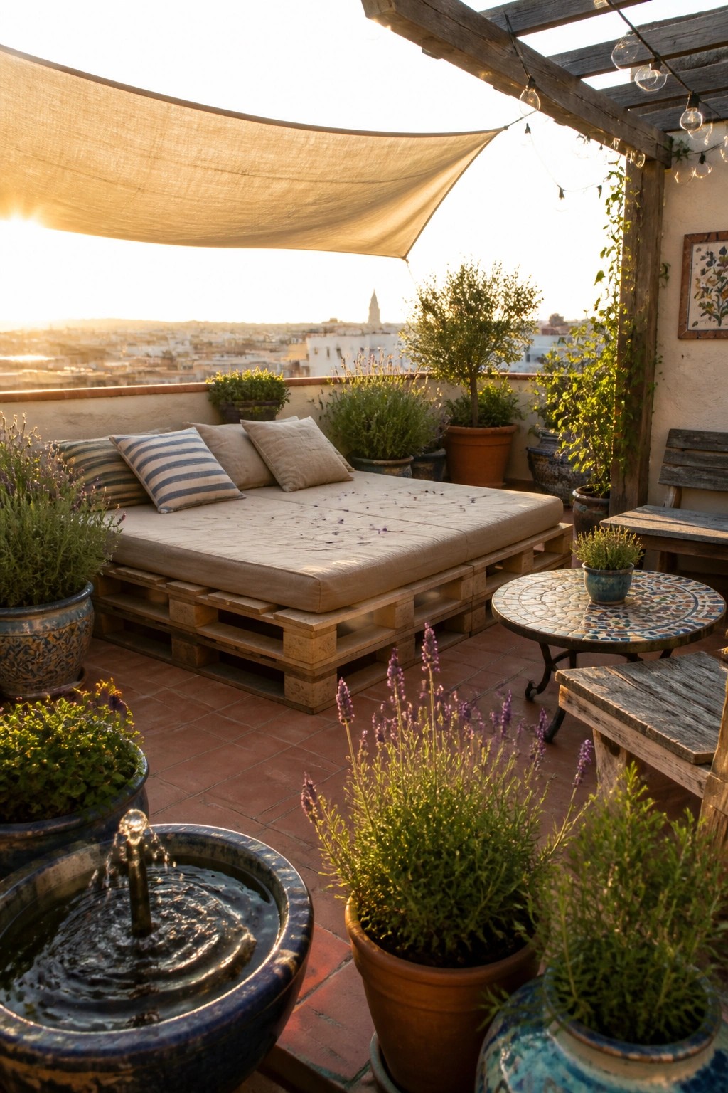 A wooden pallet daybed with cushions sits on a tiled terrace surrounded by potted plants under a fabric shade sail.