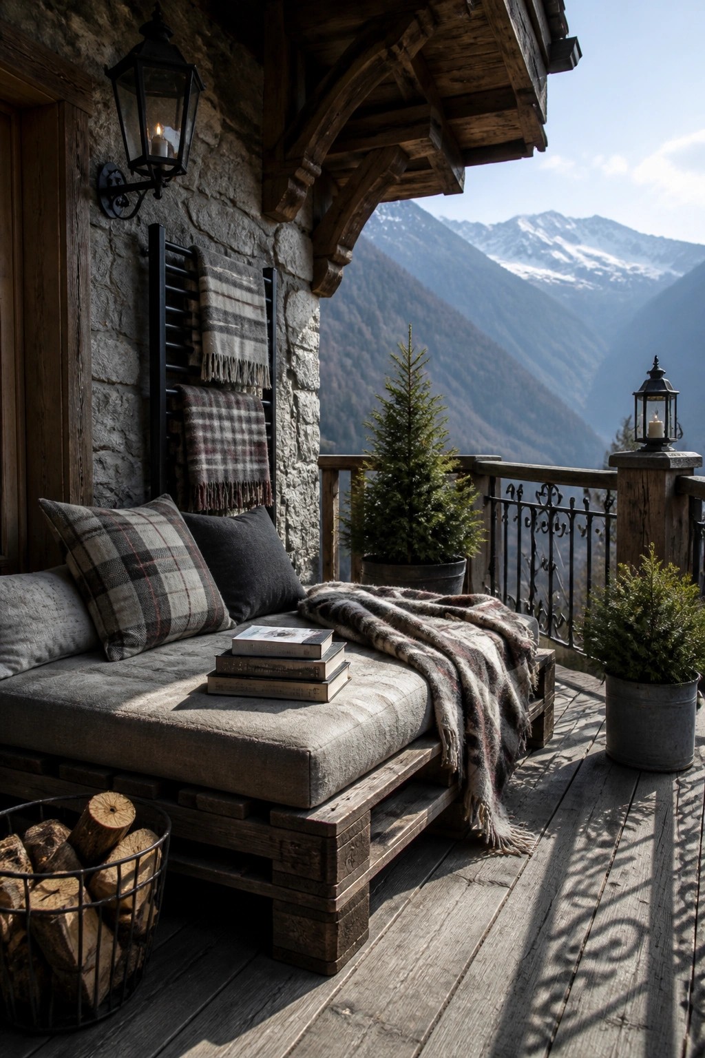 A wooden pallet daybed with gray cushions, plaid pillows, stacked books, and a fur throw sits on a deck beside a stone wall with lanterns and a mountain view.
