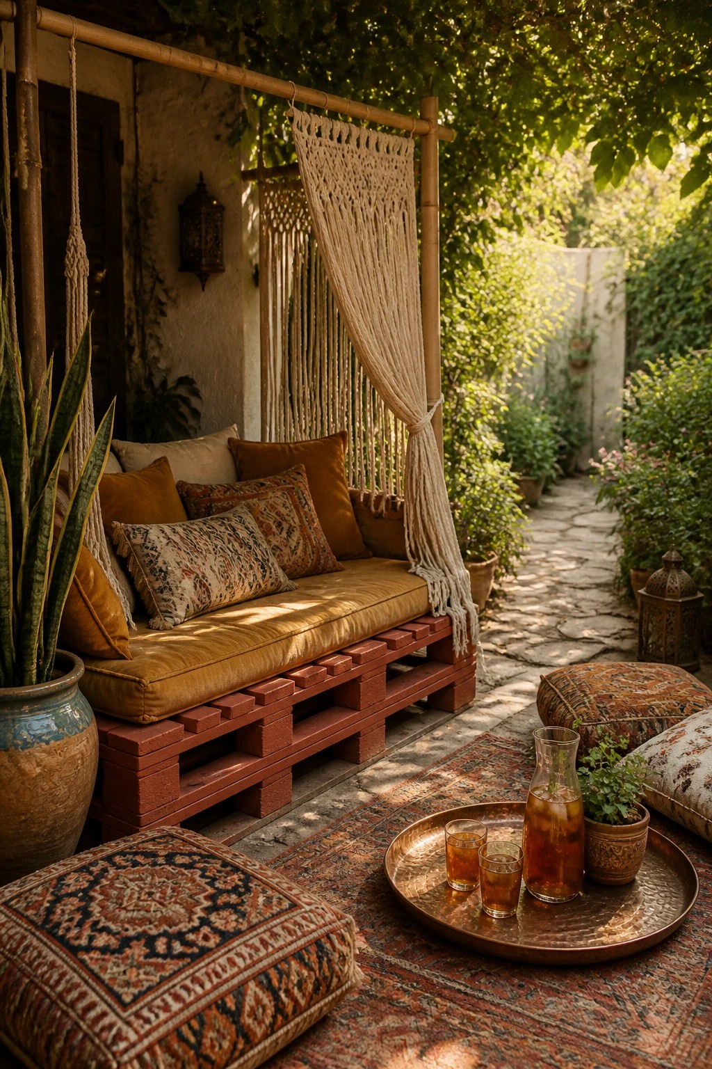 A red painted pallet daybed with mustard cushions and patterned pillows sits on a rug beneath a bamboo frame with macrame shade in a garden setting.