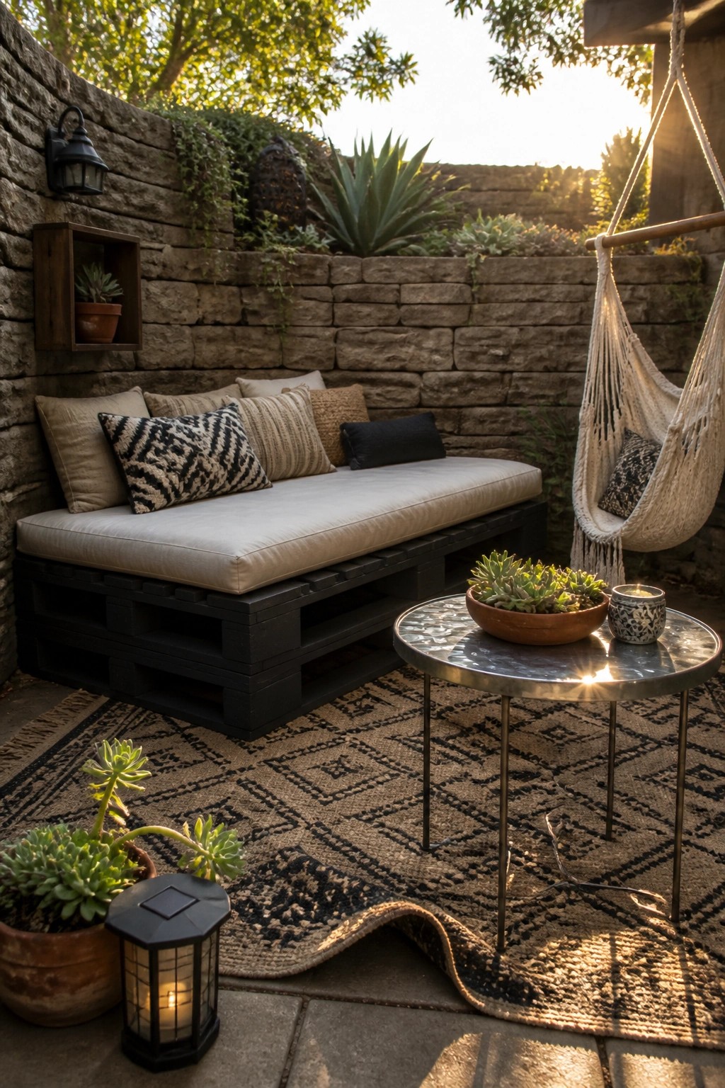 A black painted pallet daybed with beige cushions and patterned pillows sits against a stone wall on an outdoor patio with a patterned rug, round table, and hanging chair nearby.