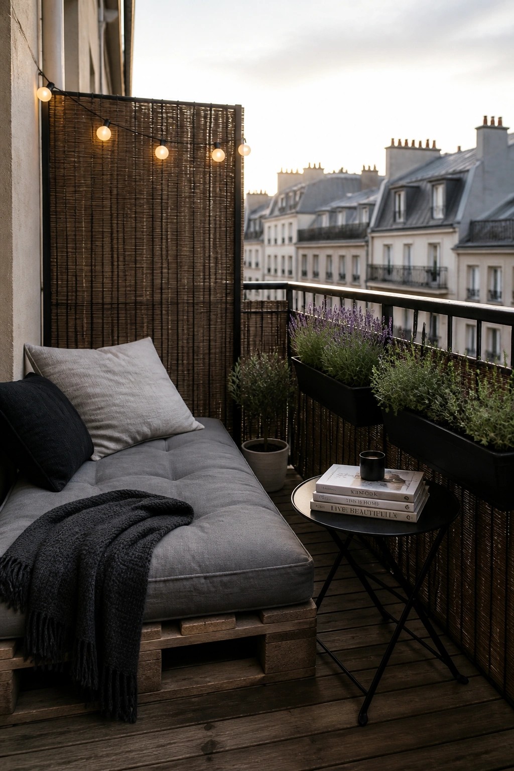 A gray cushioned daybed made from wooden pallets sits on a wooden balcony with pillows, a blanket, string lights, and potted plants overlooking city buildings.