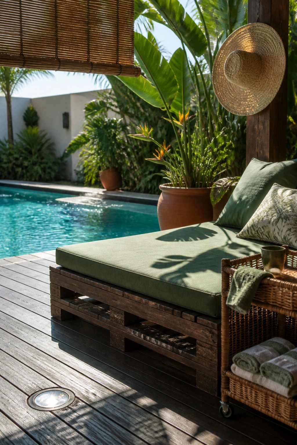 A dark wood pallet daybed with a green cushion rests on a deck beside a pool, next to a wicker cart and large potted plants.