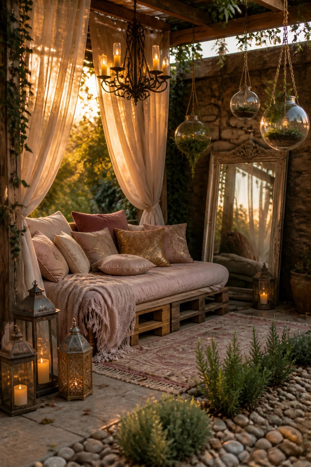 A wooden pallet daybed with layered cushions and a throw blanket on a stone patio, flanked by metal lanterns and hanging glass planters.