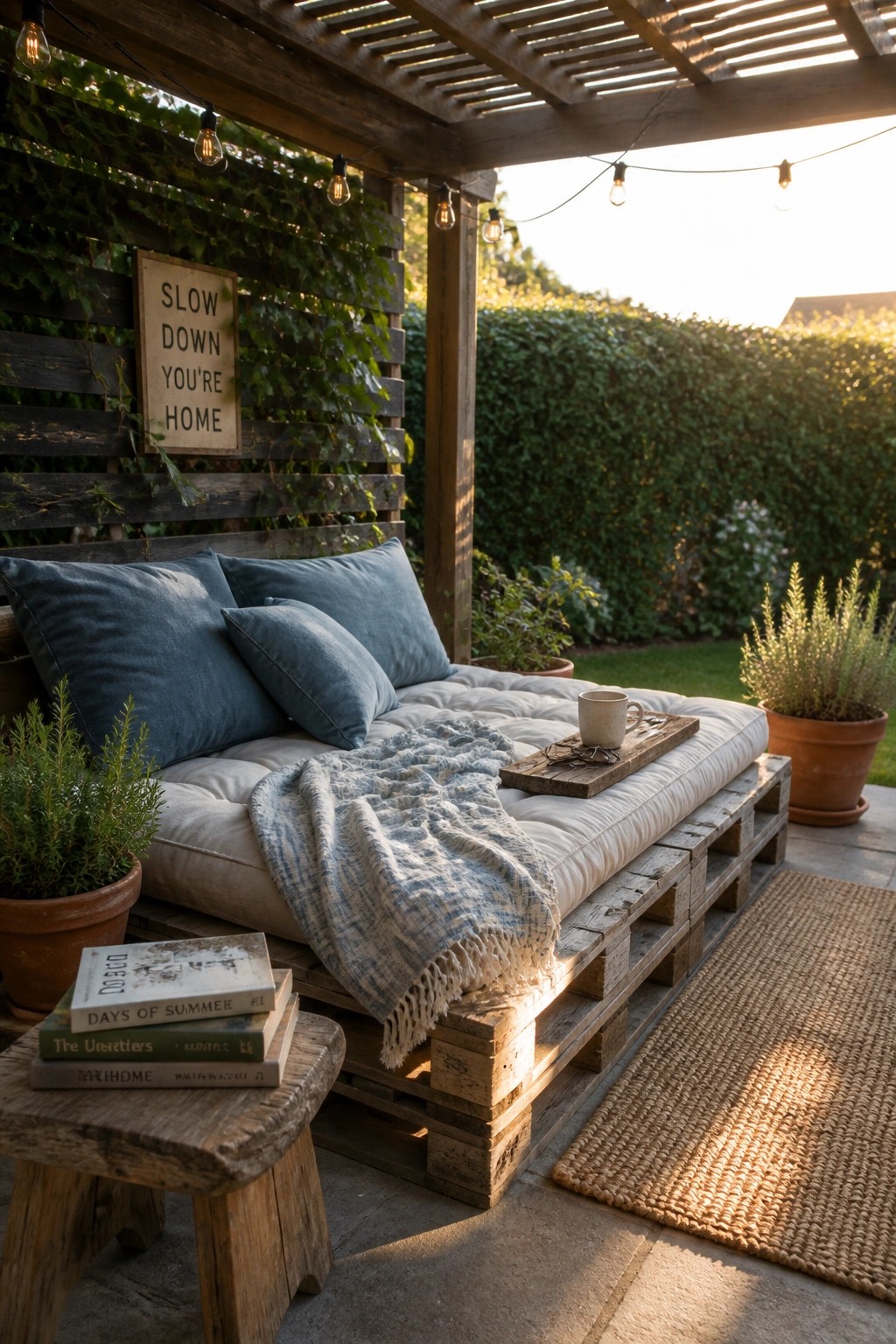 A pallet daybed with white cushions, blue pillows, and a throw blanket sits under a wooden pergola on a patio, with books and potted plants nearby.