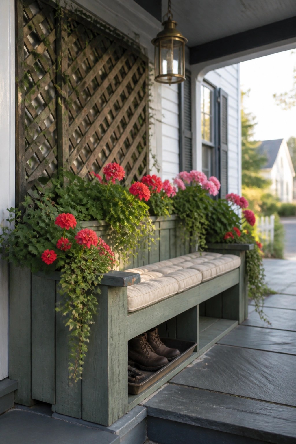 A green wooden built-in bench on a front porch with beige cushions, red and pink flowers in attached planters, and brown boots stored in the open compartment below.