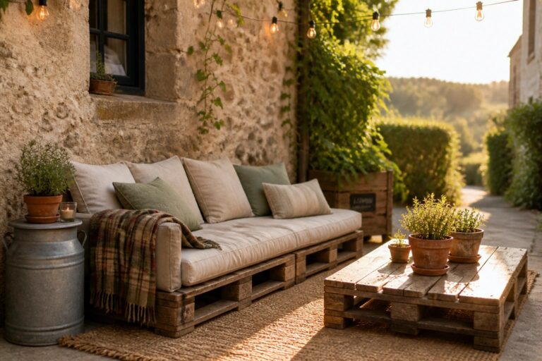 23 Rustic Pallet Garden Furniture Ideas for Cottage Backyards and Casual Dining Corners A rustic outdoor patio featuring a pallet wood sofa with cushions, a matching pallet coffee table holding potted plants, string lights above, and a stone wall with climbing vines.